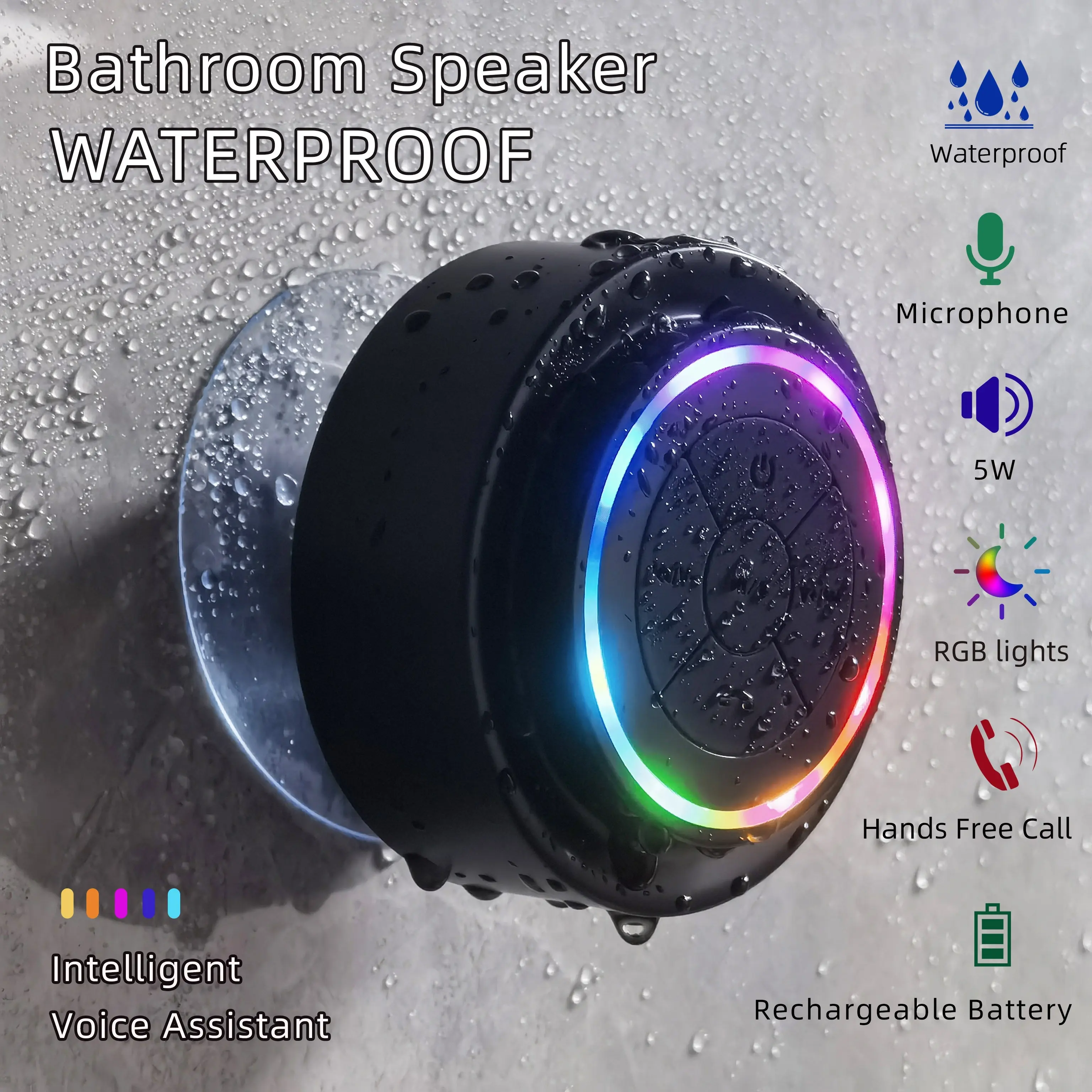 Wireless Portable RGB LED Light Audio Bathroom Speaker with Built-in Microphone, Voice Assistant Control, Hands-Free Calling, 1200mAh Rechargeable Polymer Battery, Long Playtime, USB Type-C Charging, Outdoor Use