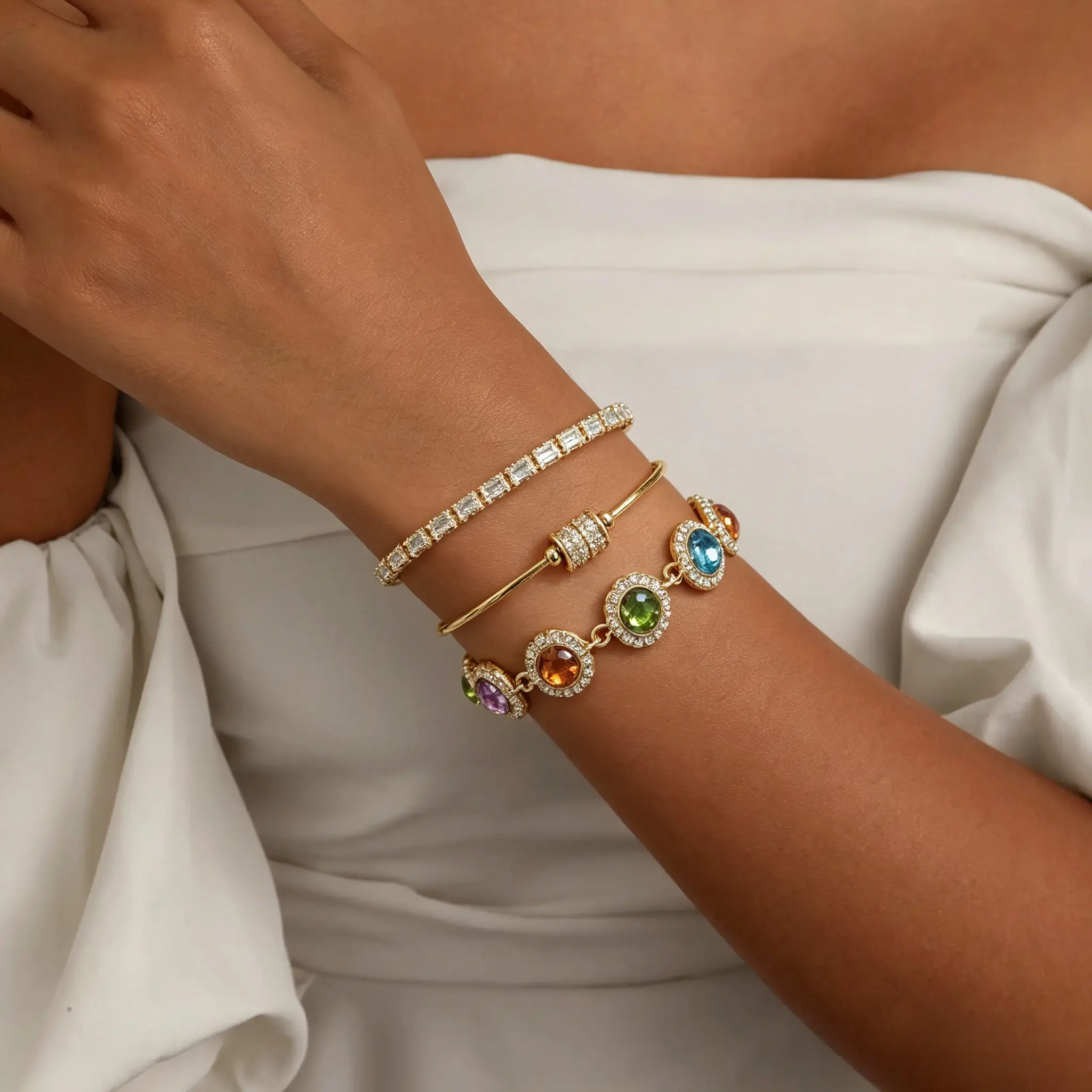 2Pcs Women Gold Stackable Bracelet Bangle Set, Colorful Round Rhinestone Chain Bracelet & Cubic Zirconia Bangle, Luxury Layered Jewelry for Daily Party Dating Gift special decor