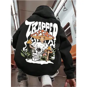 Men’s cartoon mushroom and letter print drawstring hoodie, regular fit casual hooded sweatshirt with pocket and long sleeves, men’s clothing for daily wear in autumn and winter