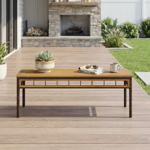 Spaco 48-Inch Wicker Patio Bench for 2 People – White Outdoor Backless Dining Bench with Acacia Wood Seat for Garden, Deck, or Porch