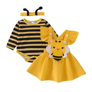 Bee-Themed Dress & Headband Set Adorable Style Girls' Striped Long-Sleeve Princess Dress