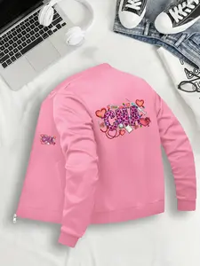 Women's Graphic Print Zipper Bomber Jacket Long Sleeve, Casual Fitted Design, Lightweight Comfortable, All Seasons Wear, Sizes S-Xxl