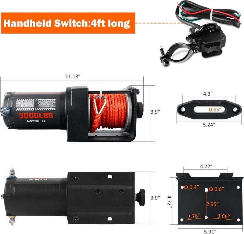 3000 lb Electric Winch for ATV UTV Trailer Boat Synthetic Rope Winch 12V DC Off Road Towing Winches with  Remote Mounting Bracket