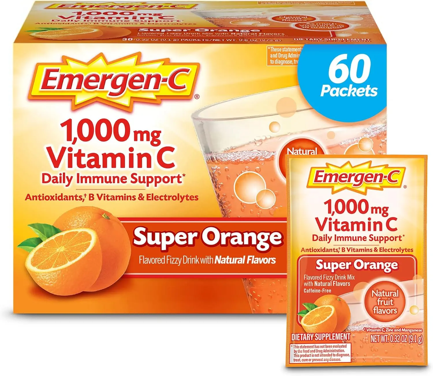 Emergen-C 1000Mg Vitamin C Immune Support Powder Raspberry 30CT with Zinc Manganese 7 B Vitamins & Electrolytes for Optimum Wellness & Natural Fruit Flavor Drink Mix