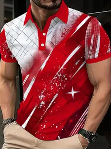 Men's Lightweight Durable Polyester Polo Shirt, Streetwear Collared, Star Pattern, Casual Slim-Fit T-Shirt, Perfect for Leisure Wear