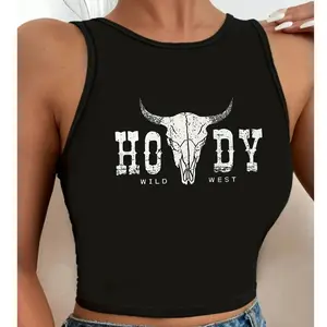 Women's Cow Head & Letter  Round Neck Tank Top, Casual Sleeveless Crop Top for Summer, Cowboy crop tank