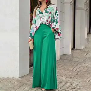 2026 New Spring Women's Casual Outfit Fashion Printed Shirt Top and Wide-Leg Pants Set for Women