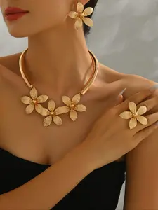 Women's Fashion, Middle East Metal Flower Pendant Design, All-Season Versatile Party Gift, 3-Piece Set, Elegant Jewelry Set