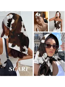 Women's Cow Print Satin Square Towel, Western Style Hair Band, Denim Competition Essential, Fall Season Accessory