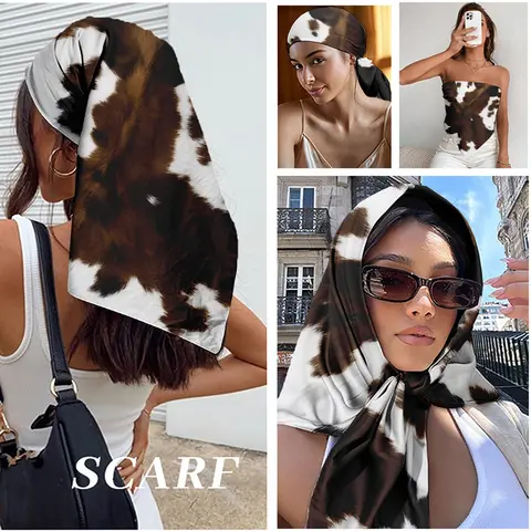Women's Cow Print Satin Square Towel, Western Style Hair Band, Denim Competition Essential, Fall Season Accessory, Cow Print Design, Scarf Head Wrap, Fashion Headscarf, Fashion Hair Scarves