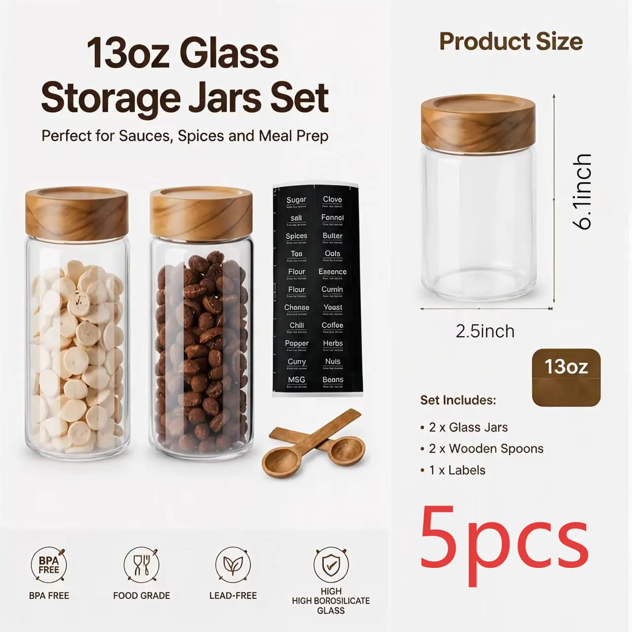 5-Piece High Borosilicate Sealed Glass Storage Jars Set, 13-oz Capacity with Wooden Lids, Spoons & Labels for Kitchen Dry Goods Organization (Home Supplies)