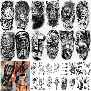 36 Sheets Temporary Tattoos Stickers, 12 Sheets Fake Body Arm Chest Shoulder Tattoos for Men or Women with 24 Sheets Tiny Black Tattoos Tribal Dark scene accessories