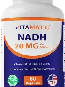 Vitamatic NADH (Reduced B-Nicotinamide Adenine Dinucleotide) Dietary Supplement - 20mg per Capsule with D-Ribose & CoQ10, 60 Vegetarian Capsules, Non-GMO, Gluten-Free, Non-Stim, Made in USA, Health Support for Adults