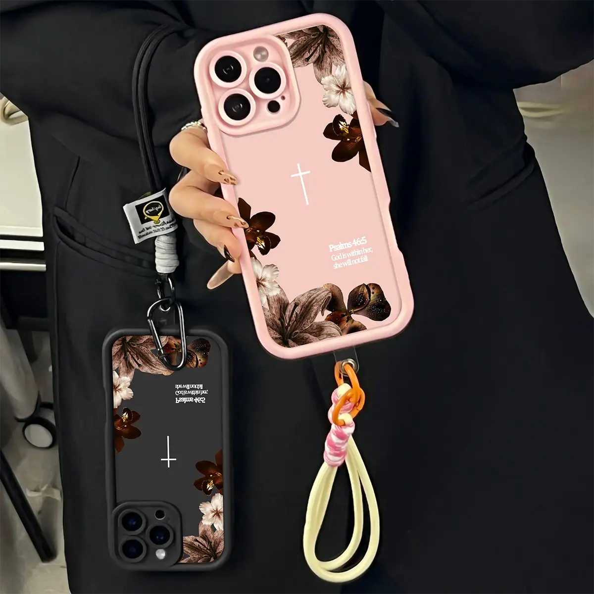Vintage Floral Aesthetics Lanyard Phone Shell Christian Psalms 46:5 Cross for iPhone 17 Pro Max Air 16 15 Plus 14 13 12 11 Mini 17E XS Matte Finish Anti Drop Bumper Religious Birthday Gift For Her