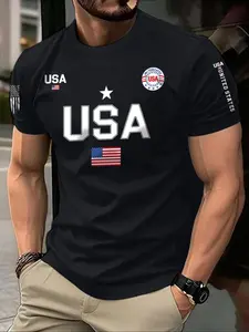 Men's USA Flag Print Casual Letters Print Round Neck Casual Style Tee, Regular Fit Fitted Casual Printed Short Sleeve Crew Neck T-Shirt for Summer, Fashion Men's Top for Daily Wear, American Tee, Menswear