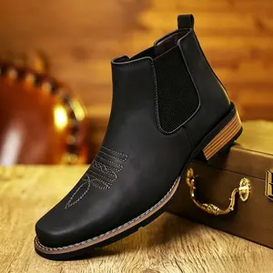 KVONE new Western cowboy boots — men’s square-toe Western Chelsea boots with casual embroidery, ankle height; comfortable, stylish footwear; minimalist khaki work-casual shoes with a leather upper and non-slip rubber sole. Men's Fashion Shoes