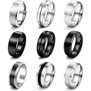 MILACOLATO 9 Pcs Stainless Steel Men Rings Silver Black Matte Finish Polished Band Rings Bottle Opener Rings Wedding Band Engagement Promise Rings Vintage Fidget Ring Daily