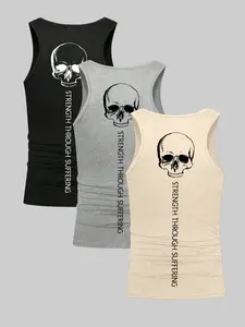 Men's Dark Aesthetic Skull Tank Top, Goth Streetwear Stringer with Vertical Text Detail, High-Stretch Ribbed Muscle Tank for Summer Casual Wear & Gym Training.