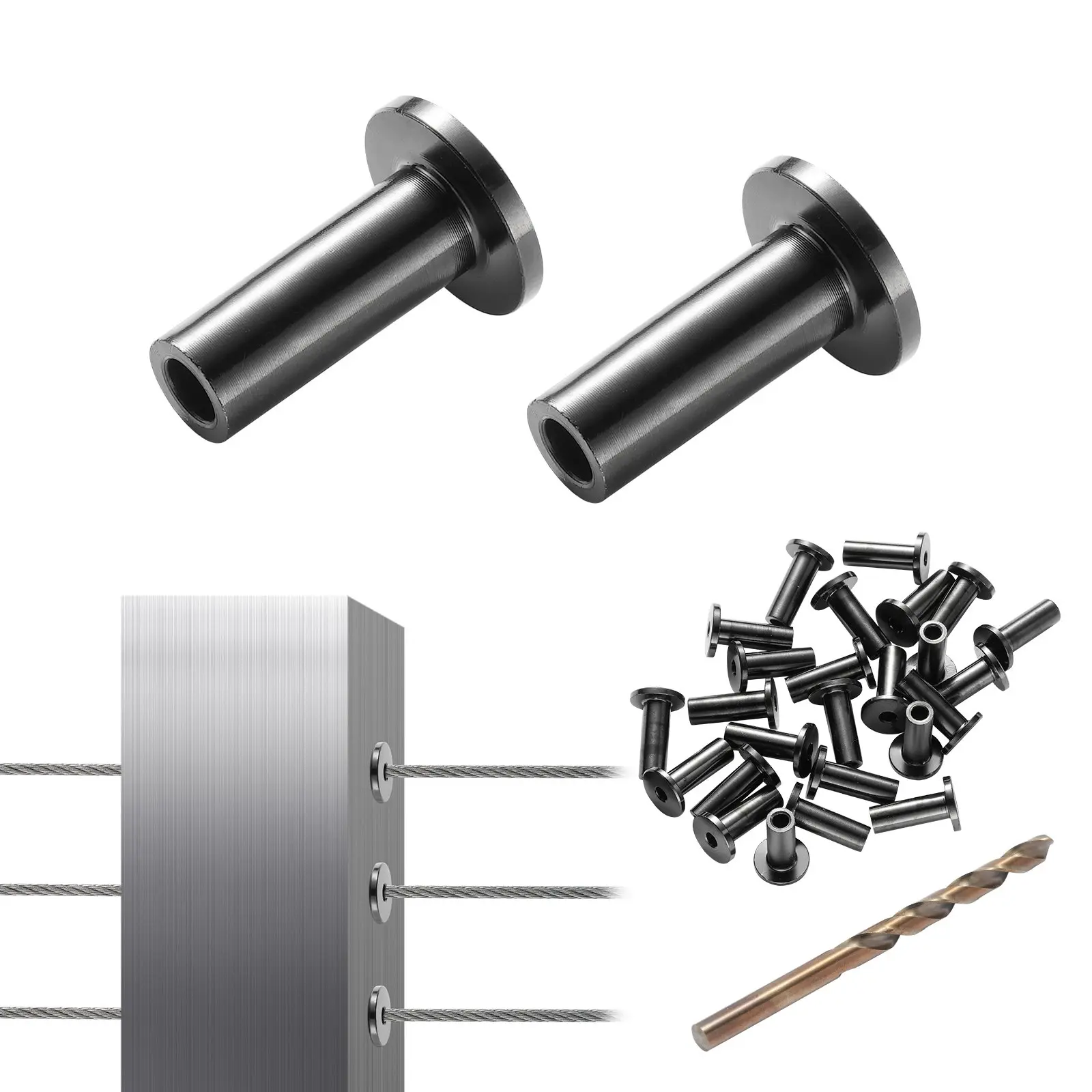 VEVOR 101-Pack T316 Marine Grade Stainless Steel Tube Shape Cable Covers, Corrosion Resistant Outdoor Safe Protector Sleeves for 1/8 Steel Cable Rope Railing, DIY Balustrade Accessory with Free Drill Bit, Black, Reduce Railing Wear