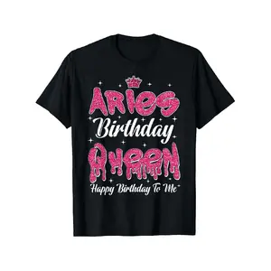 Women's & Men's Aries Birthday Queen Zodiac T-Shirt - 100% Cotton Casual Short Sleeve Shirt with Aries Symbol, Pink & White Birthday Print, S-XXXL Sizes for Birthday Party Outfits, Astrology Gifts for &, Mother Of The Groom, Family T Shirt, Mother Of The