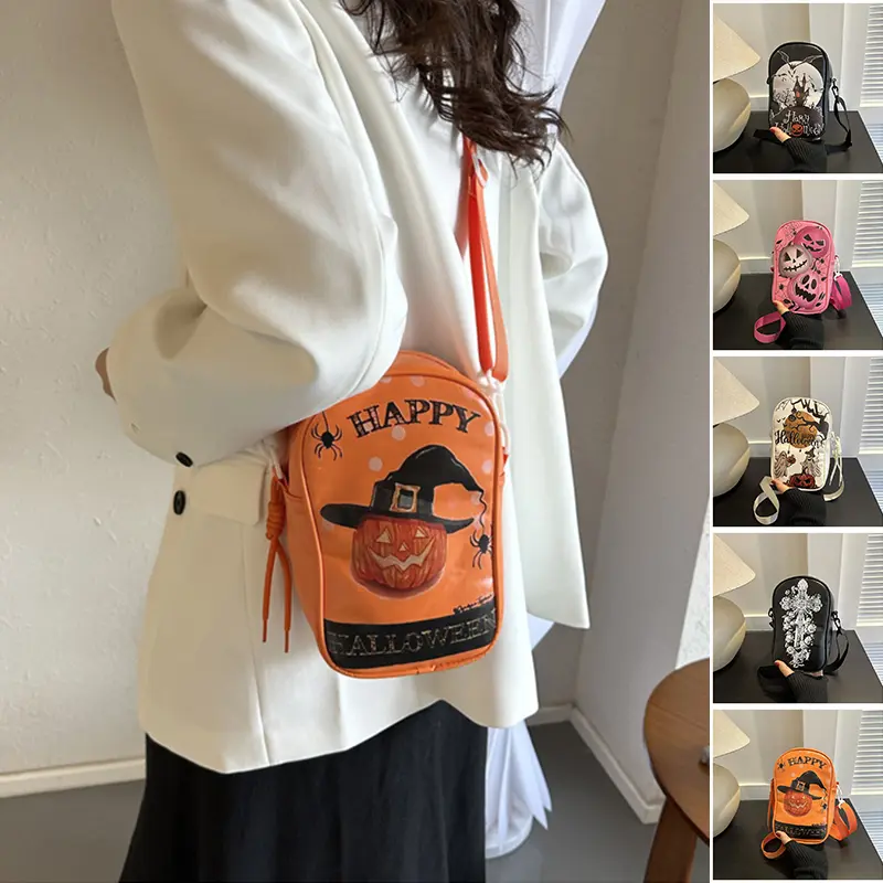 Halloween Graffiti Phone Bag Girls Funny Cartoon Pumpkin Ghost Bat Print Crossbody Bag For Women Mini Personality Creative Shoulder Bags PU Material Street Trend Y2K