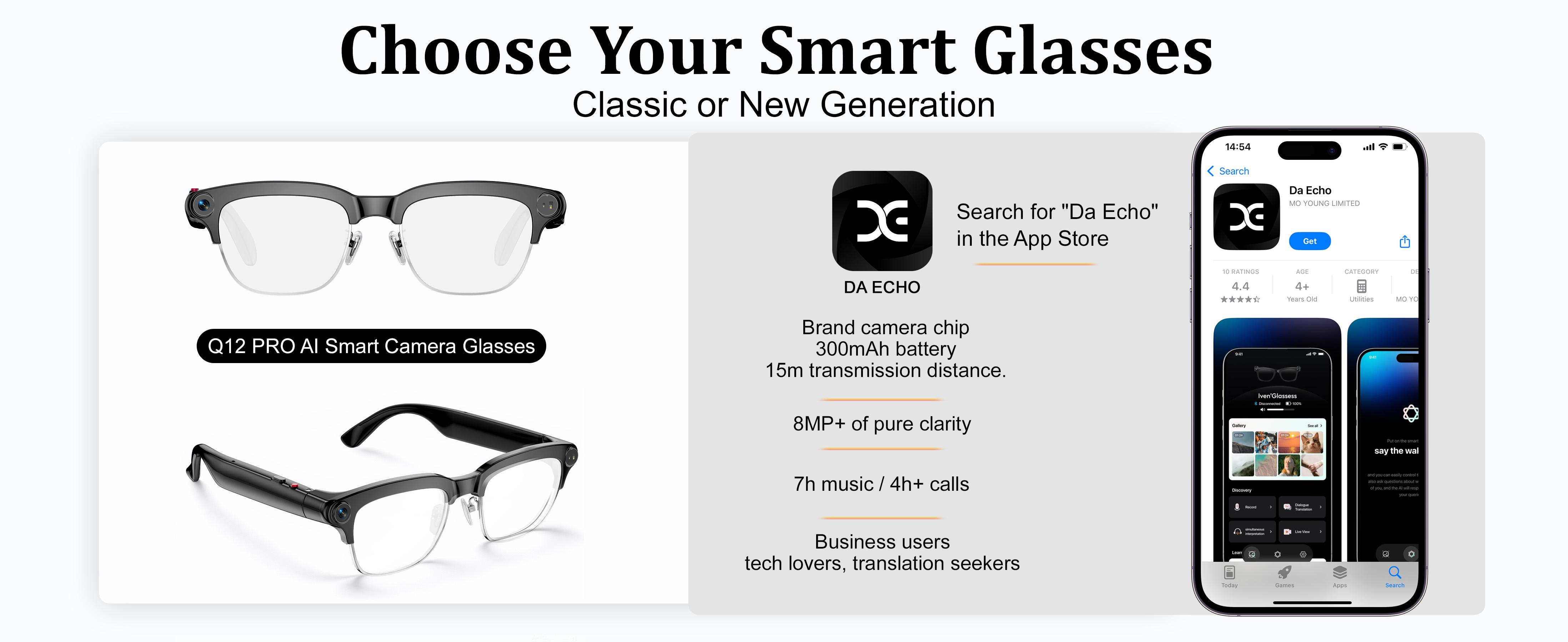 LUSBY Classic Smart Glasses - New Q12 Upgraded & Q11 AI Model, 8MP Photo/Video Recording, 160+ Languages Real-Time Translation, Photochromic UV400 Lenses, Bluetooth Wireless, Magnetic, Rechargeable Batteries, Hands-Free Business & Travel Wearable