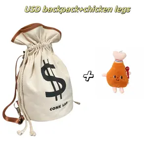 Dollar logo backpack, drawstring bucket crossbody bag, fun canvas bucket backpack, art backpack, backpack with coin bag, chips burger pendant, lightweight casual backpack for travel and sports, backpack suitable for various occasions