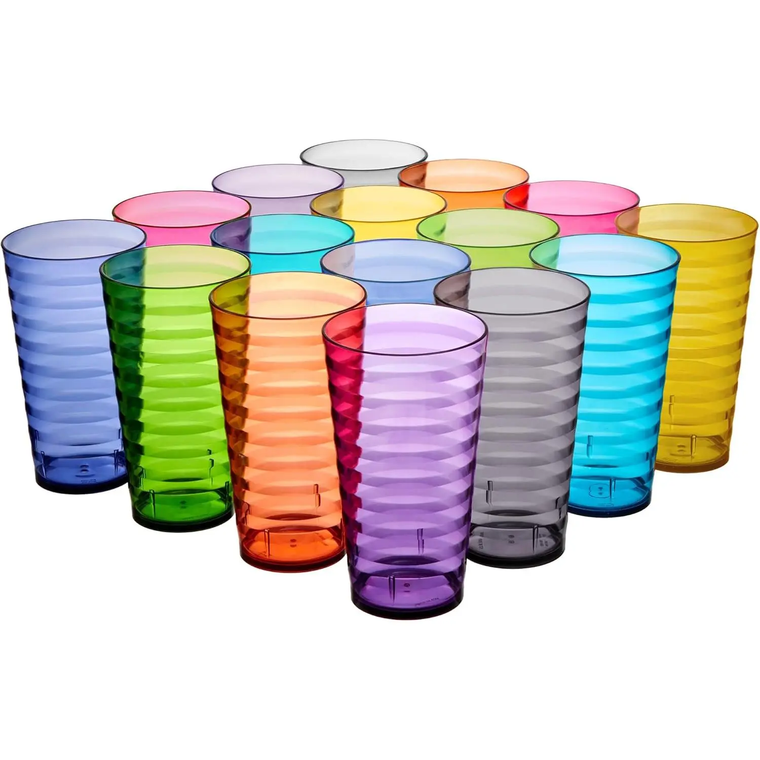 Set of 16 Plastic Stackable Water Tumblers 18 ounce in Jewel Tone Colors Value Set of Drinking Cups, Reusable, BPA-free, Made in the USA, Top-rack Dishwasher Safe