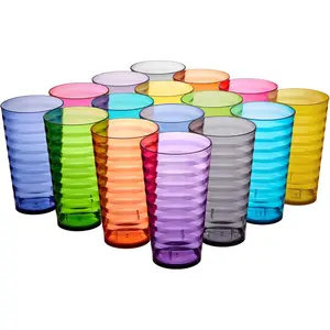Set of 16 Plastic Stackable Water Tumblers 18 ounce in Jewel Tone Colors Value Set of Drinking Cups, Reusable, BPA-free, Made in the USA, Top-rack Dishwasher Safe