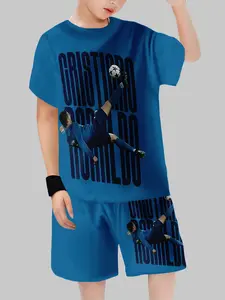 Blue Bottom Cristiano Ronaldo Football Set, Football Kits, Boy Idol Cool Short Sleeve Two-Piece, Casual Fitted Cartoon Pattern, Youth Fashion