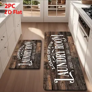 2/3pcs Soft Flannel Kitchen Mat Set, Deep Wood Grain Base, Laundry Room Decor, Non-Slip, Absorbent, Home Decoration