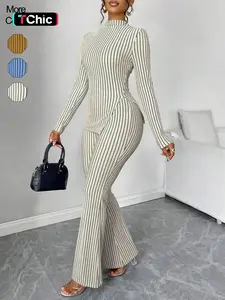 2-Piece Striped High Neck Split Hem Flared Pants Set, Casual for Women, Perfect for Spring and Fall, Comfortable Knit Fabric, Fashion Pants Set