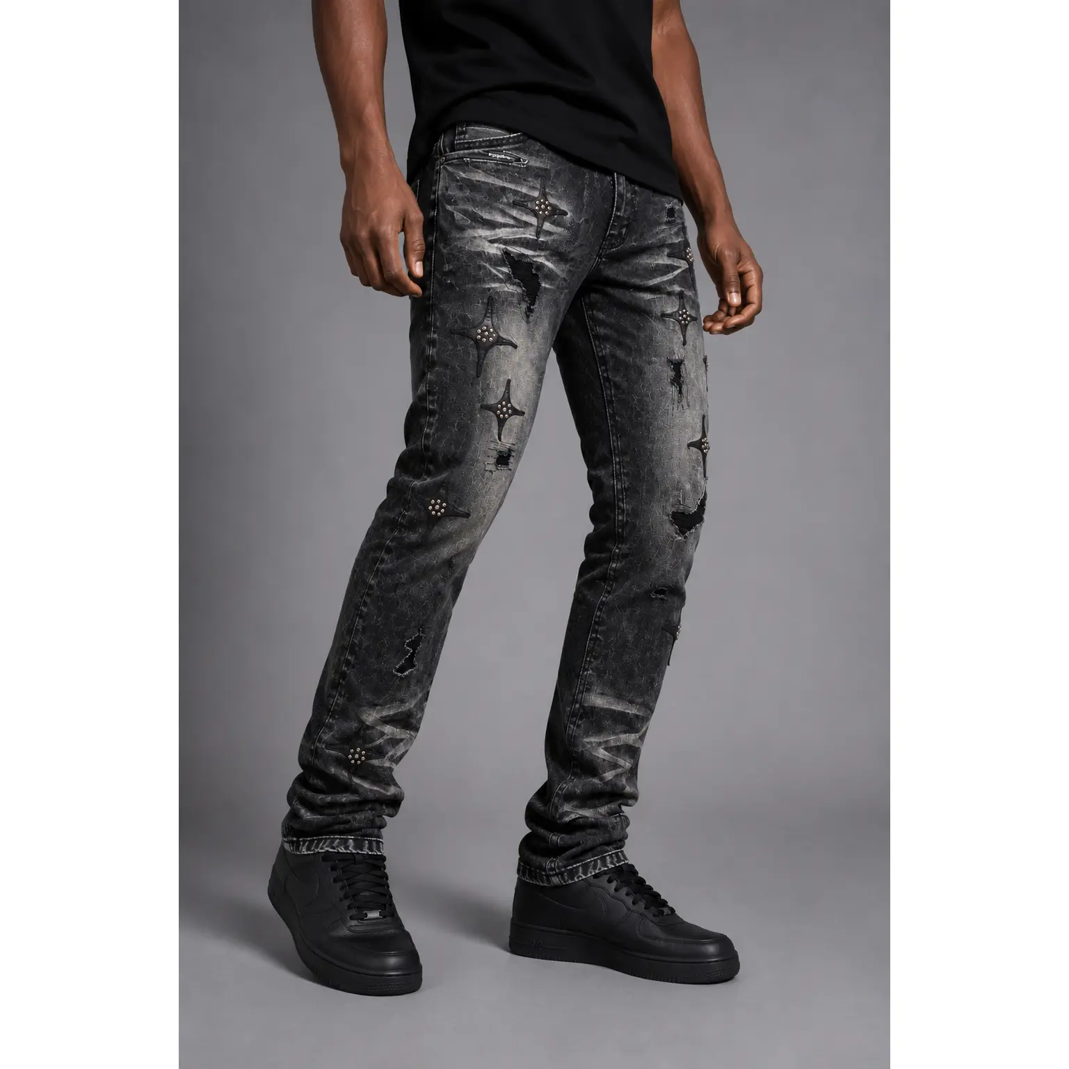 Men's Makobi 'Bottega' Slim Fit Denim Jeans - Black Wash, Menswear, Cotton-Spandex Blend, Leather Accents, Pockets, Classic, Casual, Straight, Streetwear, Metallic