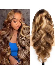 Glueless Ombre Highlight Human Hair Lace Front Wig for Women - Pre Plucked Baby Hair & 5X5 Lace Closure, Honey Blonde (#4/27) Wavy Ombre Wig Human Hair Highlights Body Wave Wigs with 180% Density, No Glue Needed for Hairline & volume