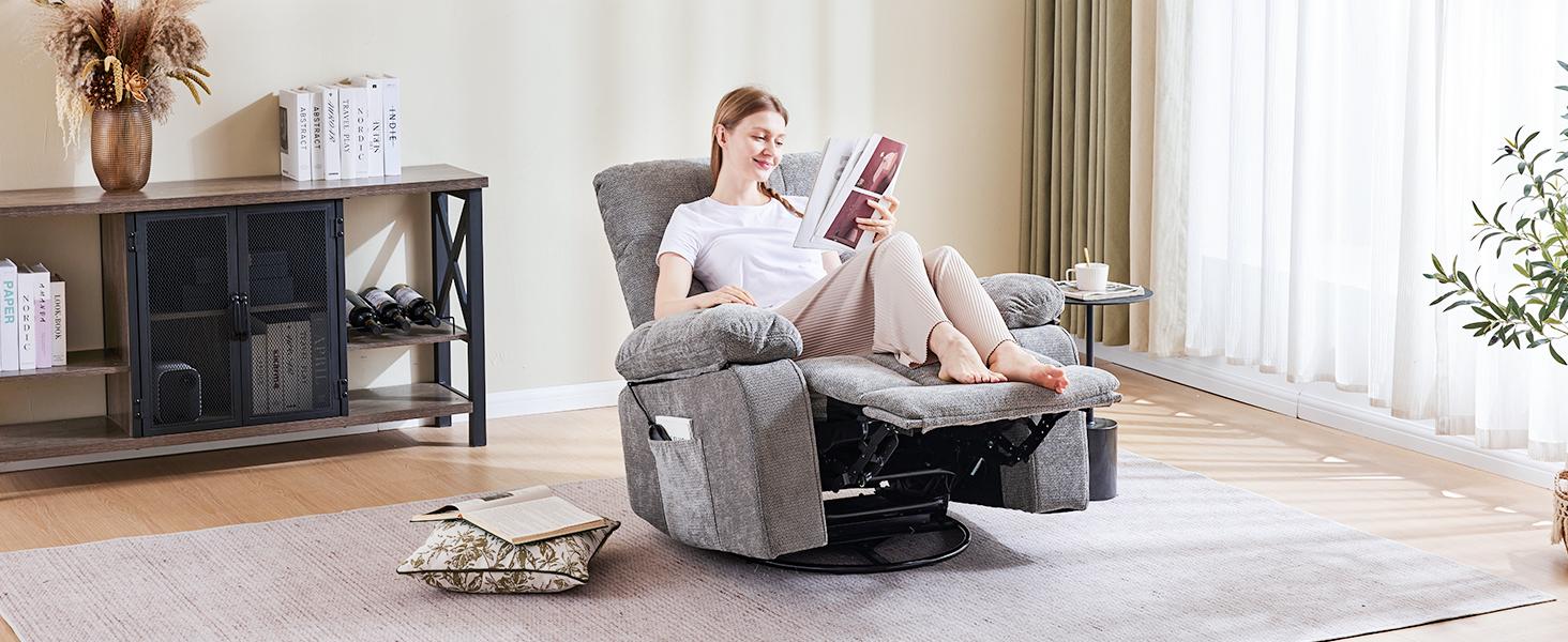 Swivel Rocker Recliner Chair with Massage and Heat, Adjustable Recline, Chenille Fabric