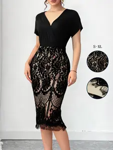 Women's Short Sleeve Lace Patchwork Dress, Fashion Slim Fit, Elegant Chic Long Dress, Fall & Winter, Plain Pattern, Short Sleeve