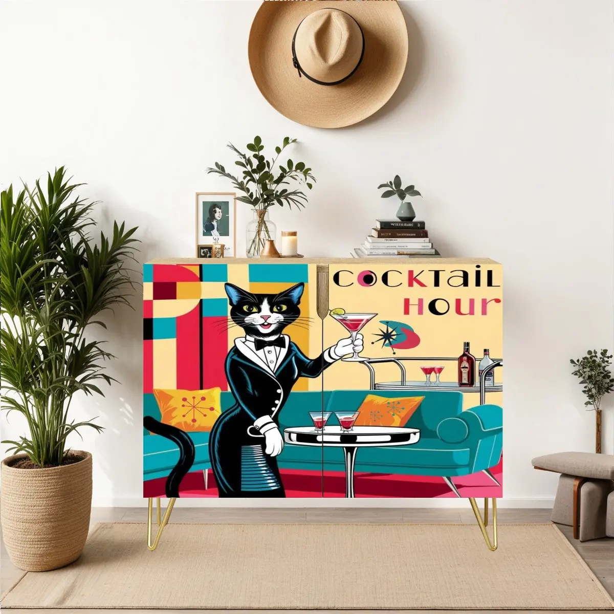 Mid Century Modern Bar Cabinet, MCM Atomic Cat Sideboard, Kitschy Mod Wooden Storage Cabinet