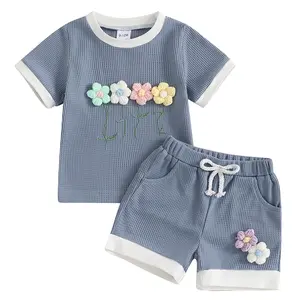 Toddler Baby Girl Summer Outfit Waffle Knit Short Sleeve 3D Flower Embroidery T Shirt Tops Elastic Waist Shorts 2Pcs Set #Summervibes