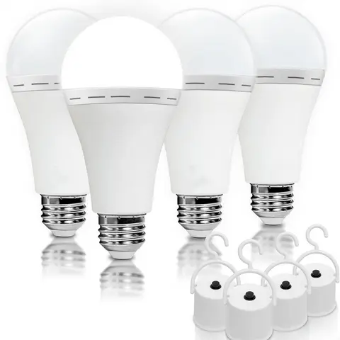 4-Pack A19 Shape Rechargeable LED Emergency Light Bulbs, 12W (60W Equivalent) 6000K Recharge & Reuse Led Lighting, 120V 1200mAh Battery-Powered, 2.7in Diameter 5.5in Height, Portable Outdoor Hooks for Home Power Outage Energy Saver