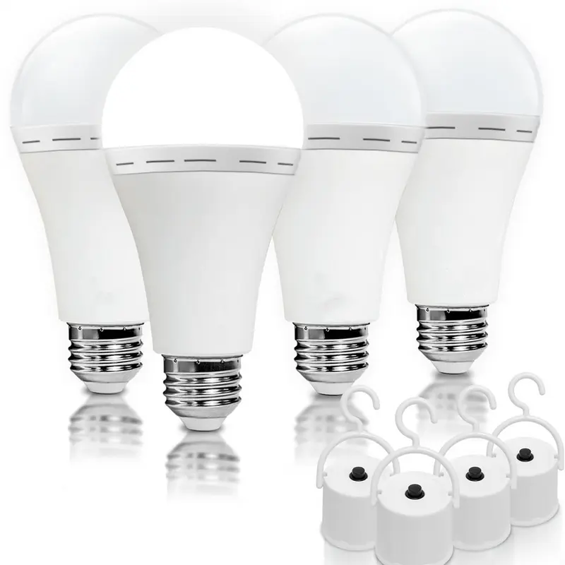 4-Pack A19 Shape Rechargeable LED Emergency Light Bulbs, 12W (60W Equivalent) 6000K Recharge & Reuse Led Lighting, 120V 1200mAh Battery-Powered, 2.7in Diameter 5.5in Height, Portable Outdoor Hooks for Home Power Outage Energy Saver