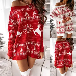 Women's Christmas Sweater Dress Knitted One Shoulder Long Sleeve Oversized Thick Sweater Fall Winter Christmas Party Dresses
