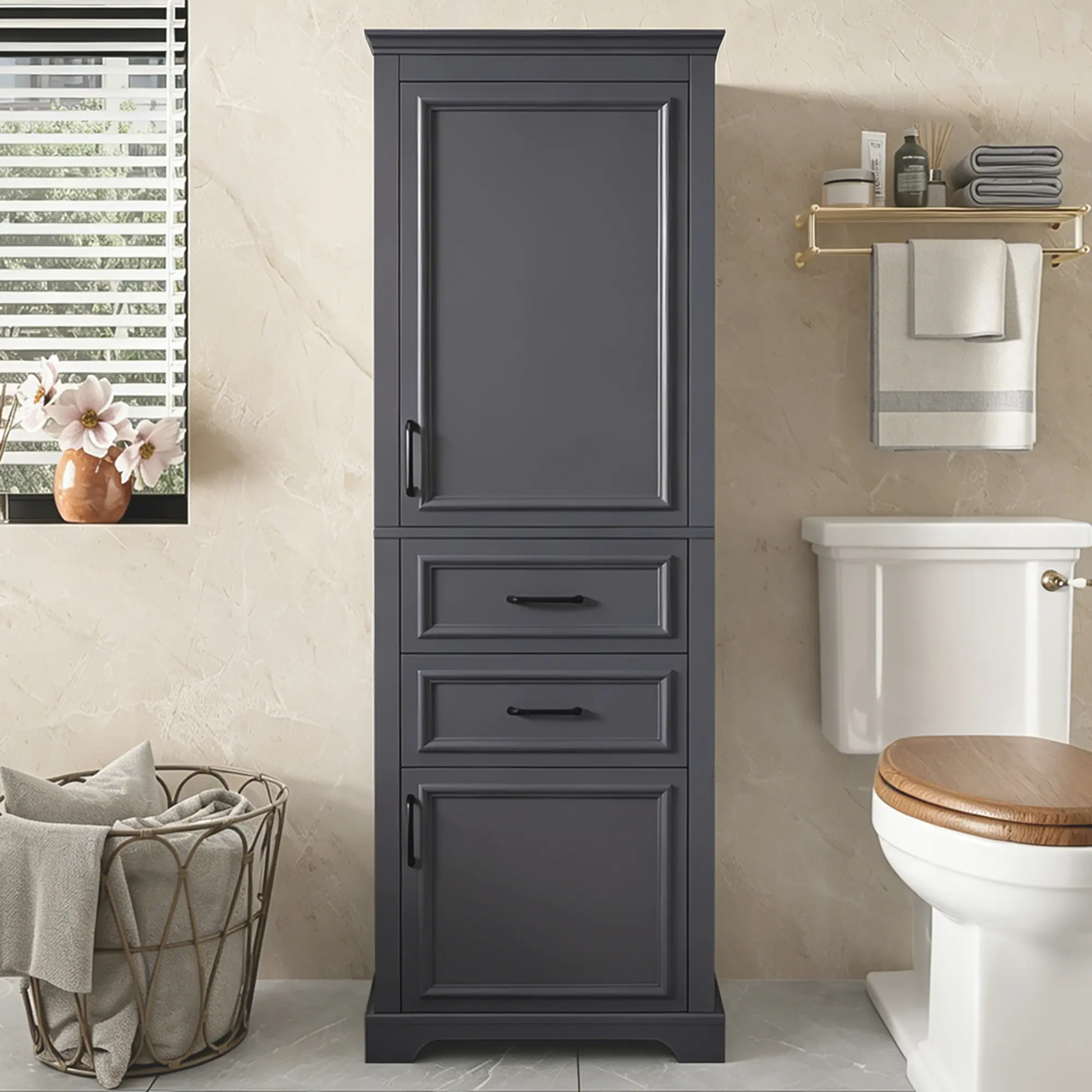 71-Inch Tall Freestanding Bathroom Vanity Cabinet with Soft-Close Doors and Drawers, Adjustable Shelves, Fixed Shelf, Space-Saving Vertical Storage, Modern Elegant Design, White