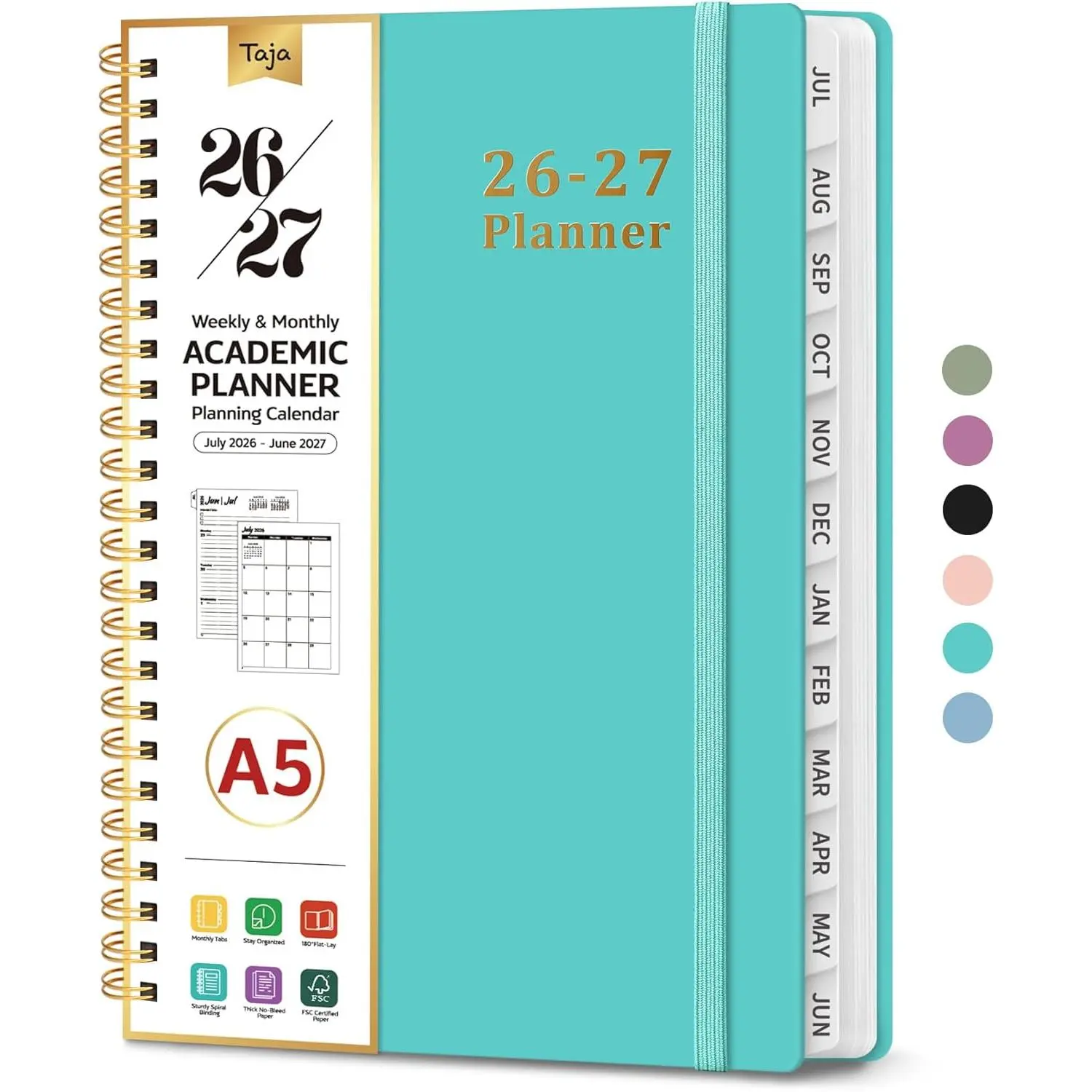 Planner 2026-2027, 6.3" x 8.5" Weekly and Monthly Academic Year Planner Calendar, July 2026 - June 2027, Hardcover Large School Planning Agenda With Tabs, Perfect for School & Office Supplies, A5, Aquamarine