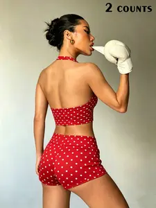 American Retro Fitness Tank Top + High-Waisted Polka Dot Shorts Set, Sexy Yoga, Breathable Fabric, Y2K Style