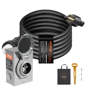 VEVOR 50 Amp Generator Cord and Power Inlet Box Kit, TikTokShopBlackFriday, 15FT, NEMA 14-50P/SS2-50R STW 6/3+8/1 AWG Generator Power Cord with Twist Lock Connector, Pre-Drilled Inlet Box for Generator to House, ETL Listed
