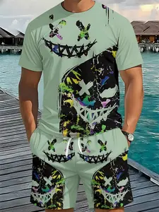 Mint Green Graffiti Smiley Print 3D Digital Printed Two-piece Set, 2Pcs, Trendy Fashion Outfit, Trendy Retro Casual Two-piece Suit, Vacation-style Trendy Wear, Breathable Sports Casual Style, Perfect Holiday Gift for Men