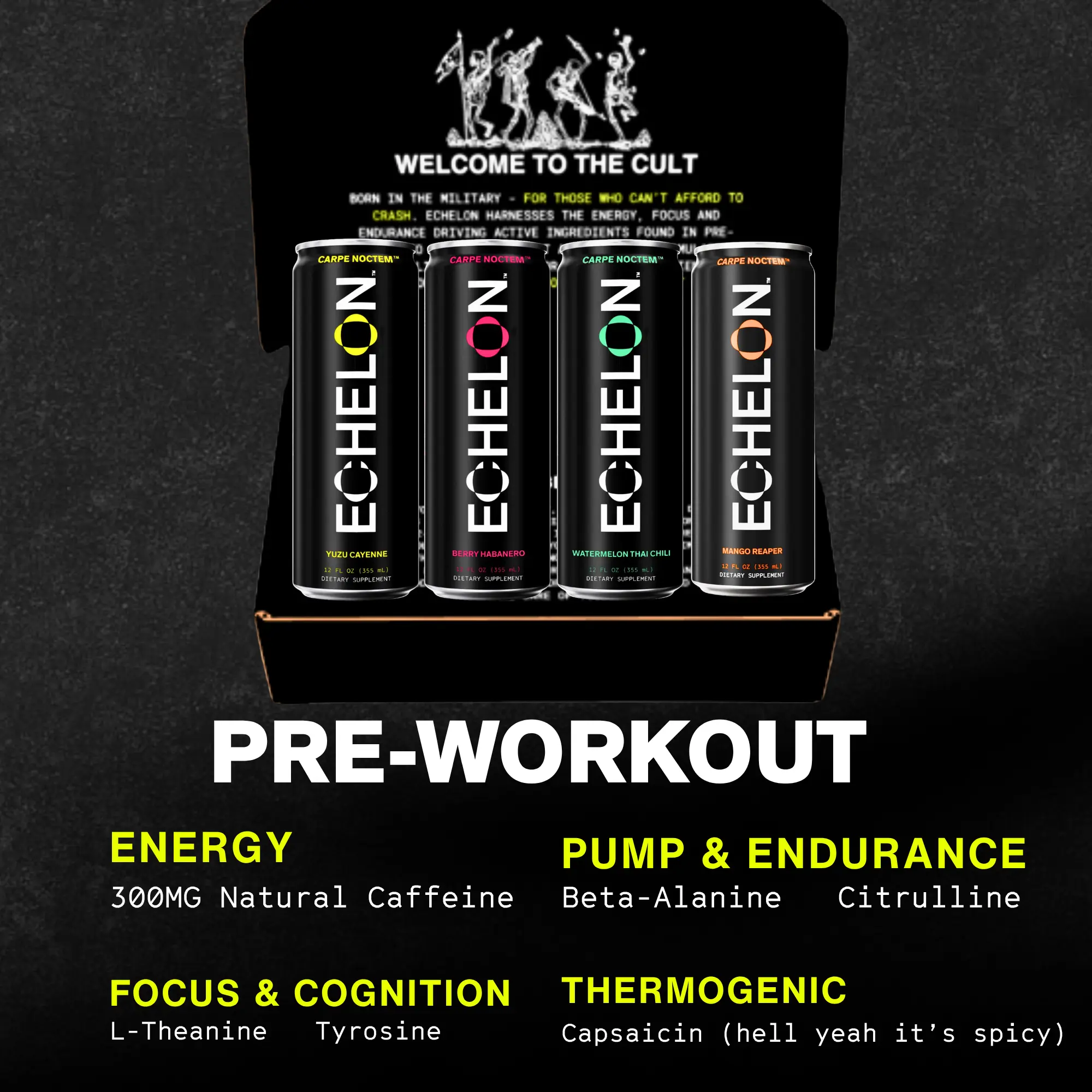 Echelon -  Exclusive Trial Pack - 4 Flavor Variety - Sport Energy Drink  - OG Echelon Flavors - Variety Pack - 12 Pack Pre-Workout Energy Drink Mix 300mg Caffeine - 1,000mg N-Acetyl-L-Tyrosine  200mg L-theanine