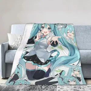 Hatsune Miku Theme Flannel Fabric Cozy Throw Blanket - Soft Fluffy, Breathable Multi-Functional Warm Cover for Bedroom, Ideal for Home Use and Gifting Occasions,summervibes Suitable as a gift sizes 60*80,30*40 ,40*50 50*60