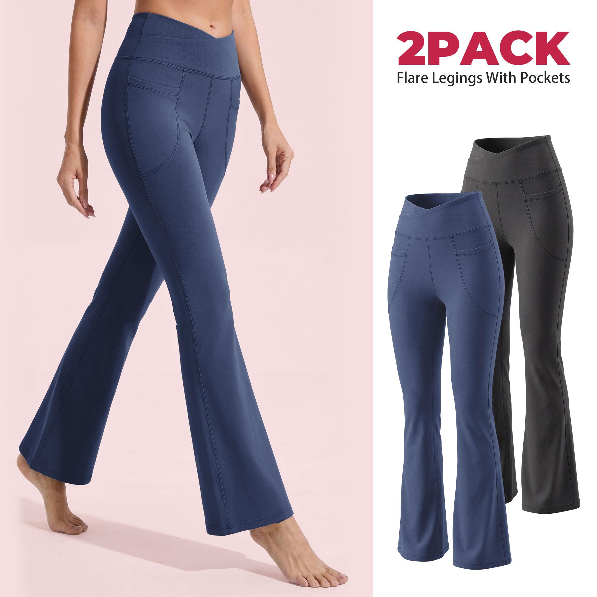 SHOWITTY Women's High Waisted 2 Pack Flare Leggings – Crossover Yoga Pants with Pockets Bootcut Workout & Lounge Wear