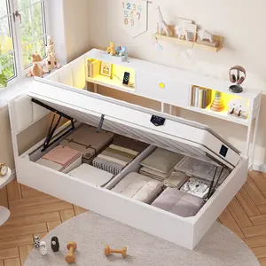 Hasuit Corner Twin Lift Up Storage Bed Frame with Charging Station & LED Lights, Twin Day Bed with Upholstered Headboard and Bookcase, Corner Beds with Hydraulic for Kids Teens Guests